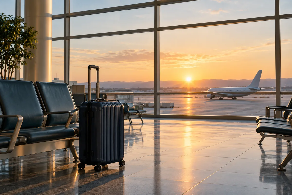 Sunrise through airport lounge windows, with a carry-on bag beside a seat